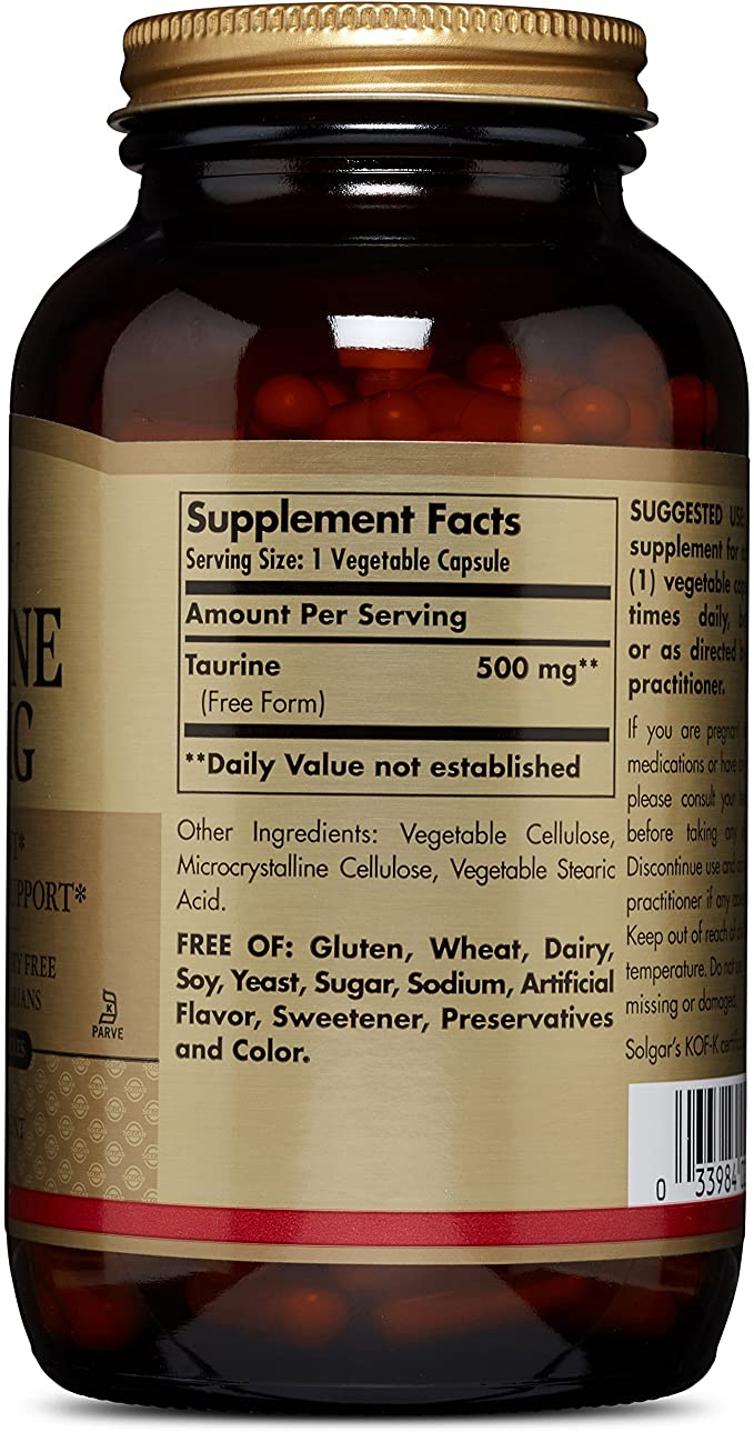 Solgar Taurine 500 mg, 250 Vegetable Capsules - Antioxidant - Brain Health - Amino Acid - Vegan, Gluten Free, Dairy Free, Kosher - 250 Servings