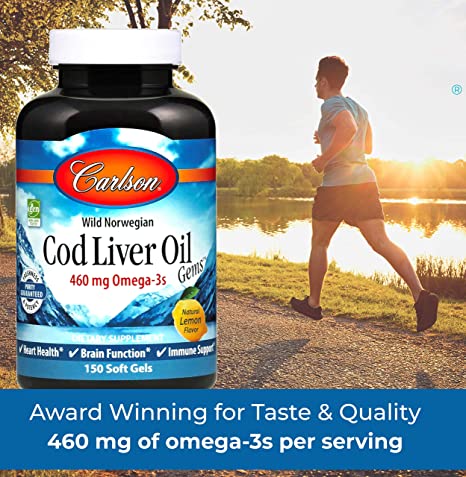 Carlson - Cod Liver Oil, 460 mg Omega-3s + Vitamins A &amp; D3, Wild-Caught Norwegian Arctic Cod-Liver Oil, Sustainably Sourced Nordic Fish Oil Capsules, Lemon, 300 Softgels