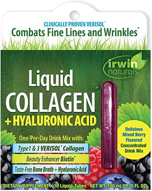 Irwin Naturals Liquid Collagen + Hyaluronic Acid with Biotin + Advanced Wrinkle Combating Verisol Type 1 & 3 - 10 Liquid Tubes - Discount Nutrition Store