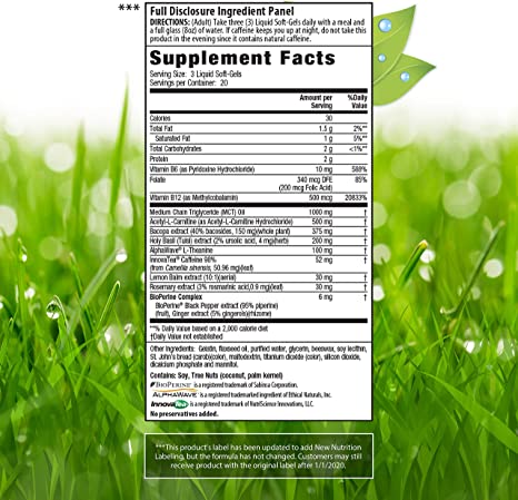 Irwin Naturals Brain Awake Enhanced Mental Performance, Increased Focus, Boost Clarity &amp; Concentration - Powerful Nootropic Booster with L-Theanine, Bacopa, MCT&#39;s &amp; InnovaTea - 60 Liquid Softgels