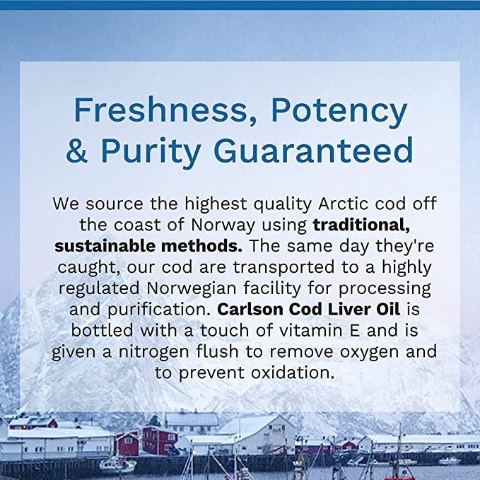 Carlson - Cod Liver Oil, 1100 mg Omega-3s, plus Vitamins A and D3, Wild Caught Norwegian Arctic Cod Liver Oil, Sustainably Sourced Nordic Fish Oil Liquid, Lemon, 500 mL (16.9 Fl Oz)