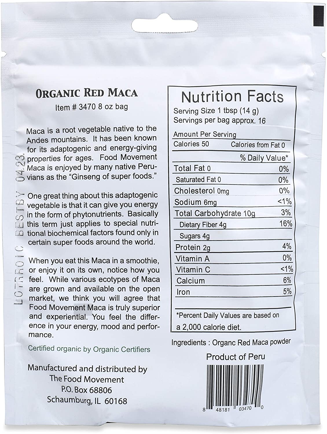 The Food Movement - Organic Red Maca Root Powder 8 oz