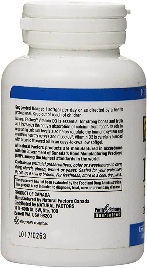 Natural Factors Vitamin D3, 1000 IU, 180 Softgels