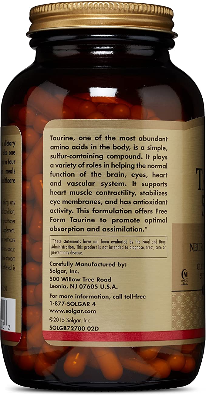 Solgar Taurine 500 mg, 250 Vegetable Capsules - Antioxidant - Brain Health - Amino Acid - Vegan, Gluten Free, Dairy Free, Kosher - 250 Servings