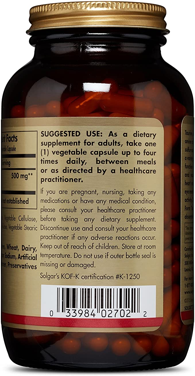 Solgar Taurine 500 mg, 250 Vegetable Capsules - Antioxidant - Brain Health - Amino Acid - Vegan, Gluten Free, Dairy Free, Kosher - 250 Servings