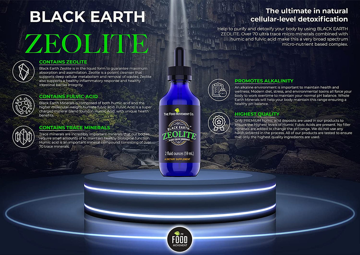 The Food Movement Black Earth Zeolite with Humic Fulvic Acids, Trace Minerals for Gut Health, Immune Support - 1oz Liquid Drops Supplement