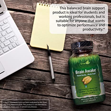 Irwin Naturals Brain Awake Enhanced Mental Performance, Increased Focus, Boost Clarity &amp; Concentration - Powerful Nootropic Booster with L-Theanine, Bacopa, MCT&#39;s &amp; InnovaTea - 60 Liquid Softgels