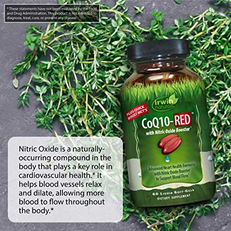 Irwin Naturals CoQ10-RED with Nitric Oxide Booster &amp; MCTs - Advanced Heart Health Formula Supports Healthy Blood Flow &amp; Energy Production - High Absorption Antioxidant Protection - 60 Liquid Softgels