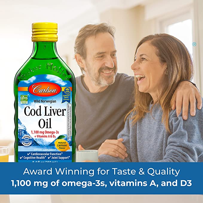 Carlson - Cod Liver Oil, 1100 mg Omega-3s, plus Vitamins A and D3, Wild Caught Norwegian Arctic Cod Liver Oil, Sustainably Sourced Nordic Fish Oil Liquid, Lemon, 500 mL (16.9 Fl Oz)