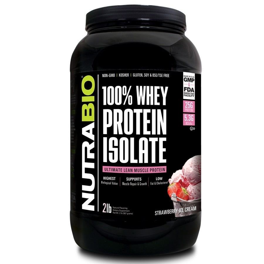 NutraBio 100% Whey Protein Isolate Protein Powder, 25g Protein with Complete Amino Acid Profile, Soy and Gluten Free, Low Carb and Low Calorie Whey Protein Powder, Strawberry Ice Cream, 2 Lbs.
