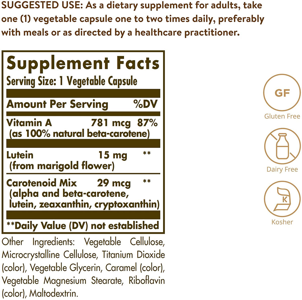 Solgar Lutein Carotenoid Complex, 30 Vegetable Capsules - Supports Healthy Vision - Antioxidant Support For Eyes - Gluten Free, Dairy Free, Kosher - 30 Servings