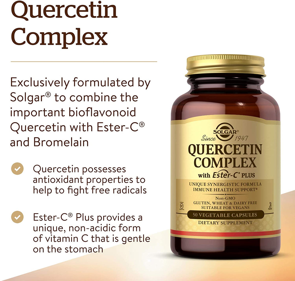 SOLGAR Quercetin Complex with Ester-C Plus - 50 Vegetable Capsules - Immune Health Support - Gentle on The Stomach Vitamin C - Non-GMO, Vegan, Gluten Free, Kosher - 25 Servings