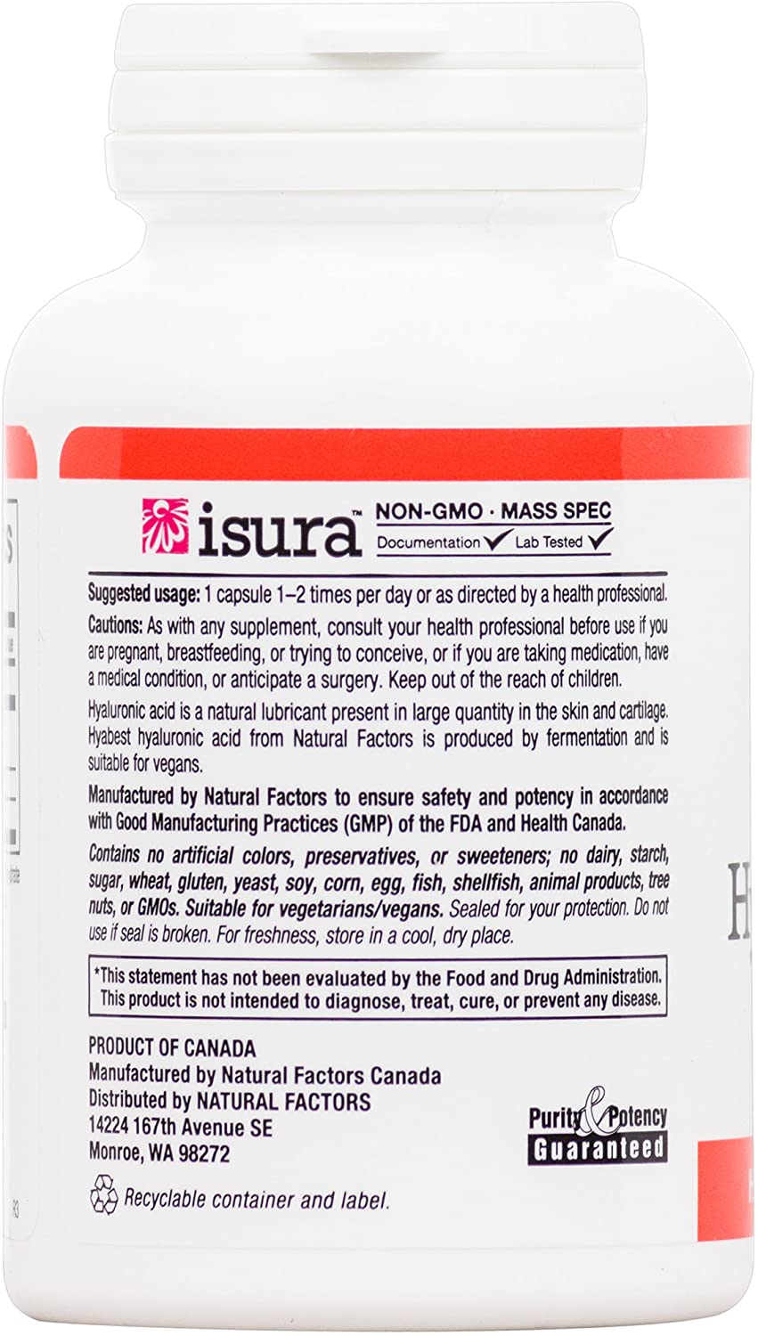 Natural Factors - Hyabest Hyaluronic Acid, Supports Healthy Joints &amp; Skin, 60 Vegetarian Capsules