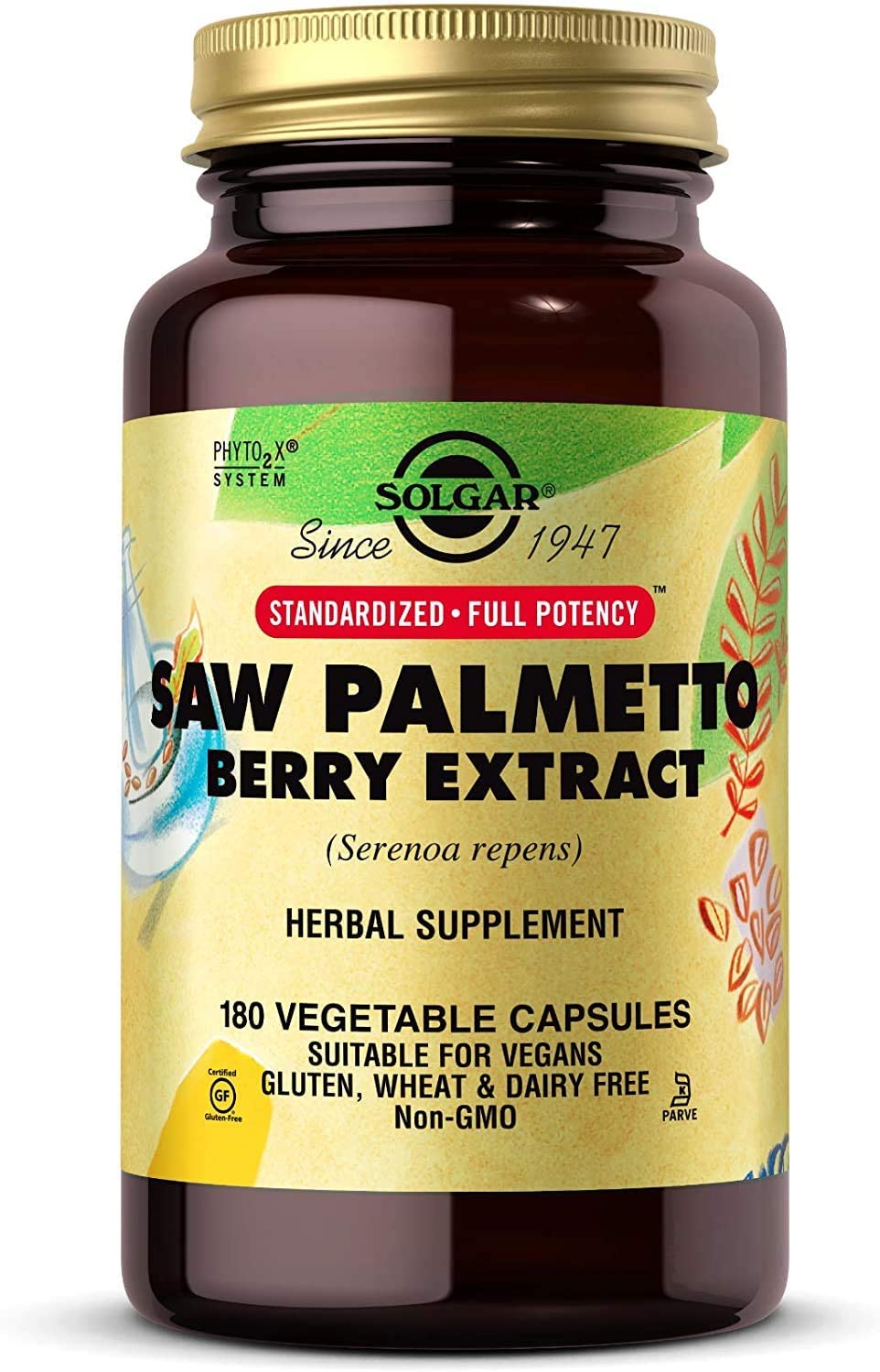Solgar Saw Palmetto Berry Extract, 180 Vegetable Capsules - Men’s Health - Supports Prostate & Urinary Health - Standardized Full Potency (SFP) - Vegan, Gluten Free, Dairy Free, Kosher - 180 Servings
