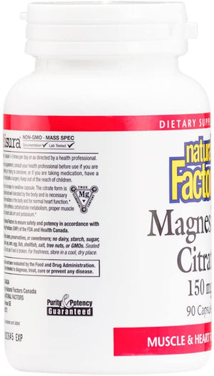 Natural Factors Magnesium Citrate, 150 mg, 90 Capsules
