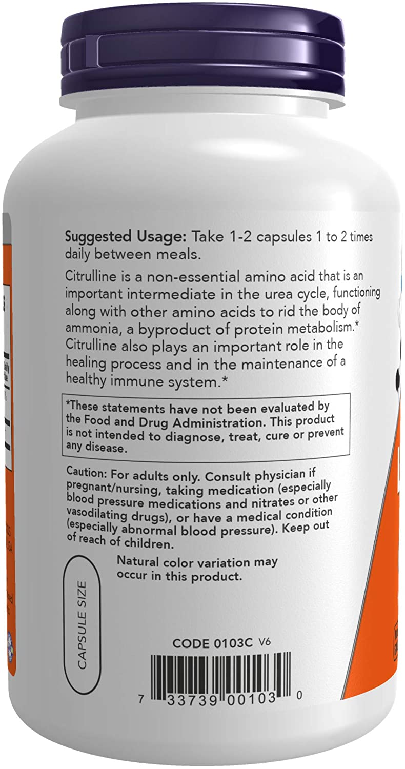 NOW Foods Supplements, L-Citrulline 750 mg, Supports Protein Metabolism*, Amino Acid, 180 Veg Capsules