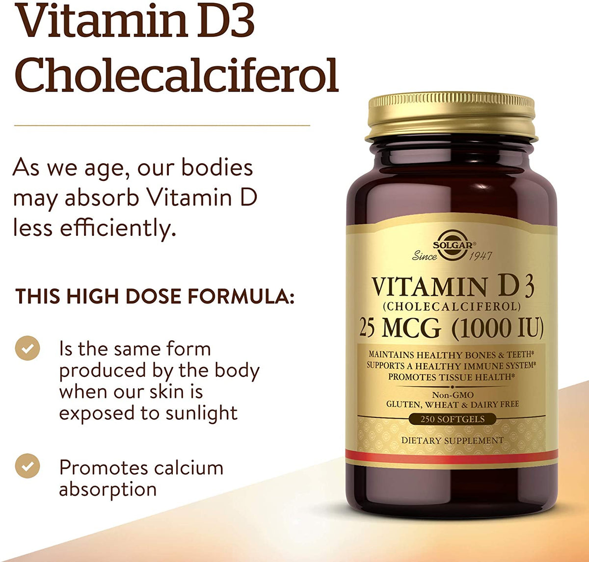 Solgar Vitamin D3 Cholecalciferol 25 MCG 1000 IU Softgels Helps Maintain Healthy Bones Teeth Immune System Support NonGMO Gluten Free Dairy Free Servings, Unflavored, 250 Count