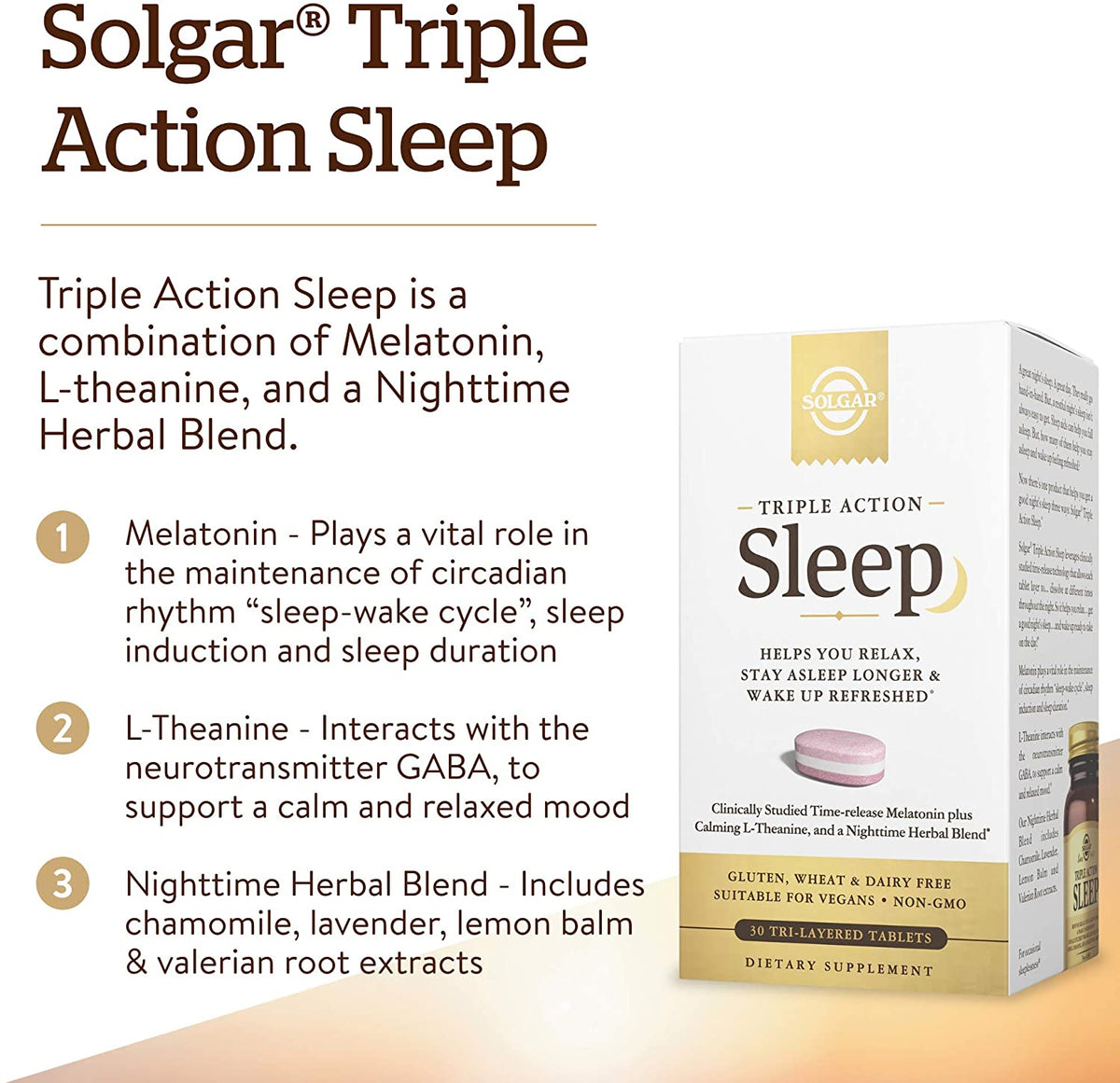Solgar Triple Action Sleep, 30 Tri-Layer Tablets - Time-Release Melatonin &amp; L-Theanine Plus Herbal Blend - Helps You Relax, Fall Asleep Fast &amp; Stay Asleep Longer - Non-GMO, Gluten Free - 30 Servings