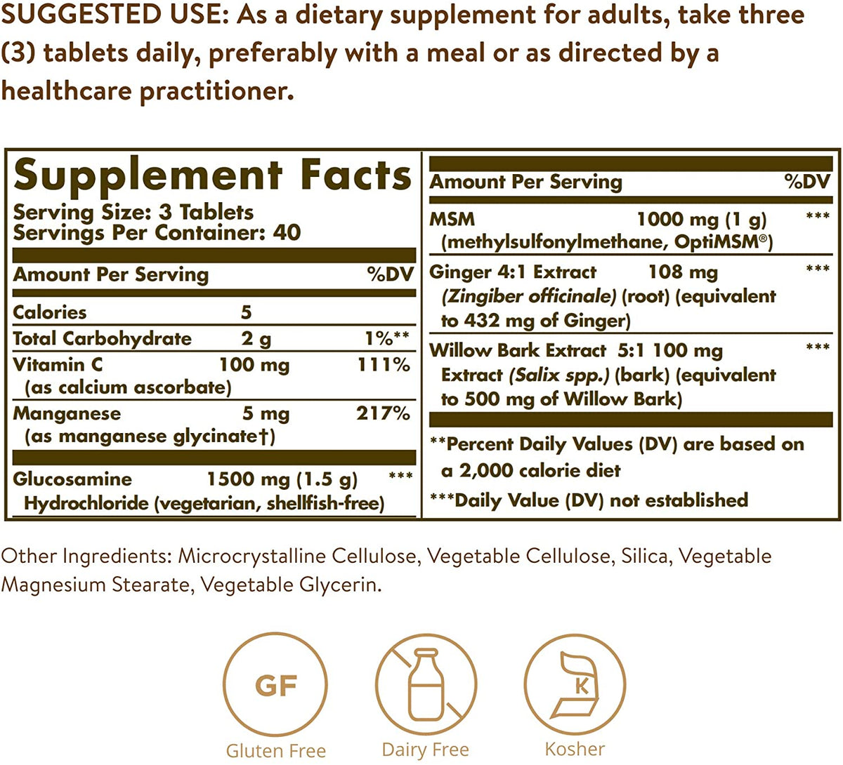 Solgar Glucosamine MSM Complex, 120 Tablets - Promotes Healthy Joints - Supports Range of Motion &amp; Flexibility - Supports Collagen - Shellfish-Free - Gluten Free, Dairy Free, Kosher - 40 Servings