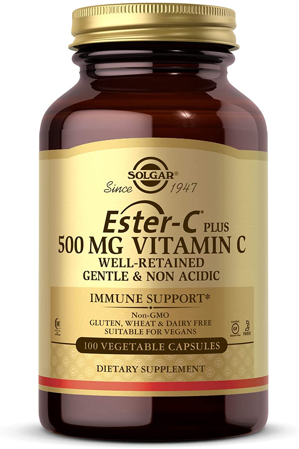 Solgar Ester-C Plus 500 mg Vitamin C (Ascorbate Complex), 100 Vegetable Capsules - Gentle &amp; Non Acidic - Antioxidant &amp; Immune Support - Non GMO, Vegan, Gluten Free, Kosher - 100 Servings