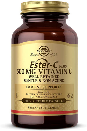 Solgar Ester-C Plus 500 mg Vitamin C (Ascorbate Complex), 100 Vegetable Capsules - Gentle & Non Acidic - Antioxidant & Immune Support - Non GMO, Vegan, Gluten Free, Kosher - 100 Servings