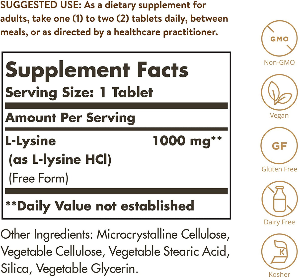 Solgar L-Lysine 1000 mg, 100 Tablets - Enhanced Absorption and Assimilation - Promotes Integrity of Skin and Lips - Collagen Support - Amino Acids - Non GMO, Vegan, Gluten Free - 100 Servings