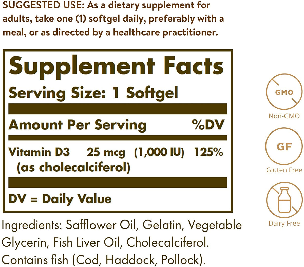 Solgar Vitamin D3 (Cholecalciferol) 25 mcg (1000 IU) - 100 Softgels - Helps Maintain Healthy Bones &amp; Teeth - Immune System Support - Non-GMO, Gluten Free, Dairy Free - 100 Servings