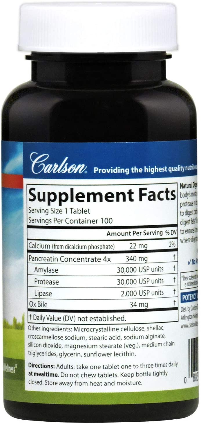 Carlson - Natural Digestive Enzymes, Digestive Aid #34 with Protease, Amylase &amp; Lipase, Digestive Support, Nutrient Absorption &amp; Optimal Wellness, 100 Tablets
