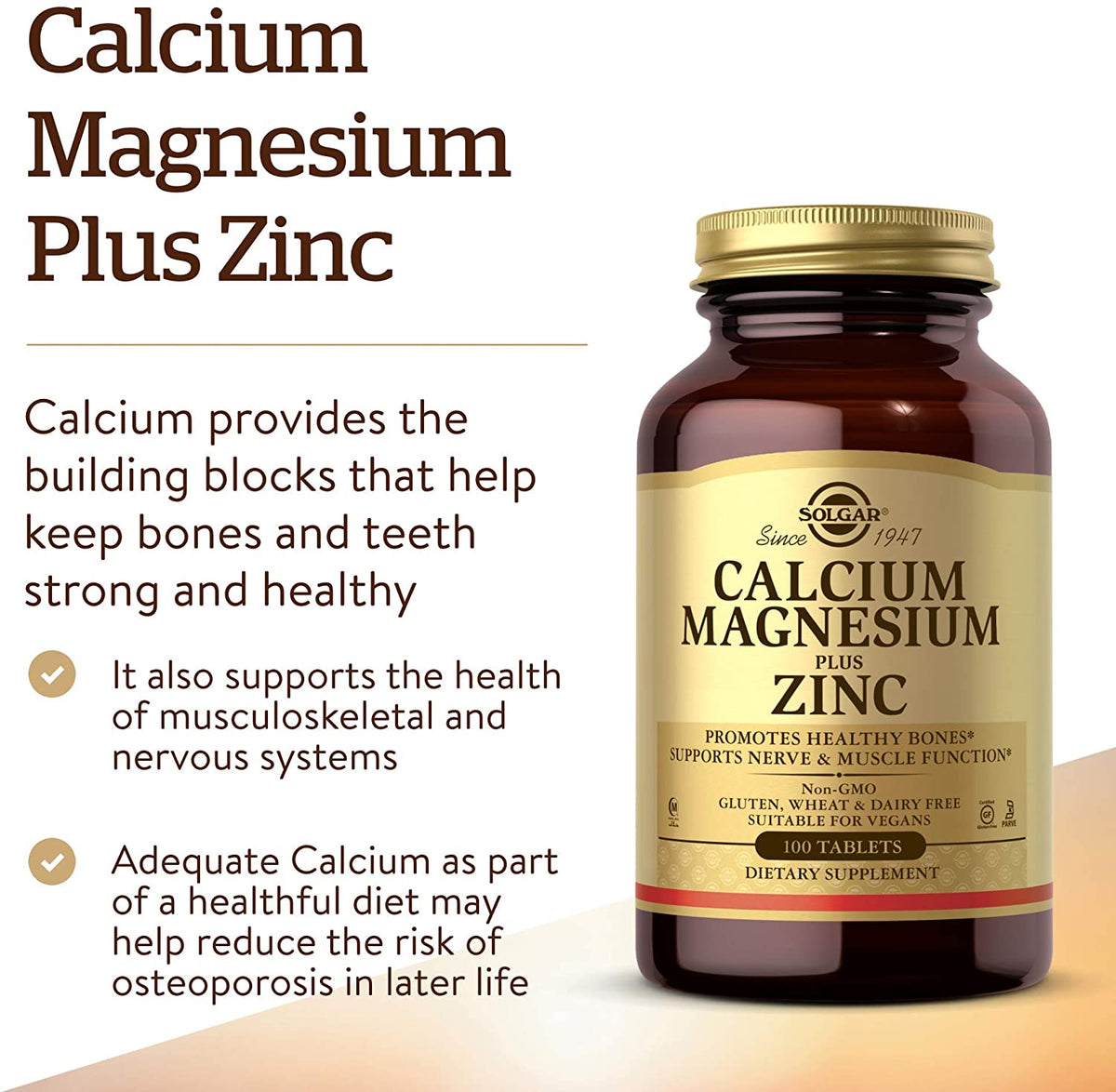Solgar Calcium Magnesium Plus Zinc, 100 Tablets - Promotes Healthy Bones and Teeth - Supports Nerve &amp; Muscle Function - Non-GMO, Vegan, Gluten Free, Dairy Free, Kosher - 33 Servings