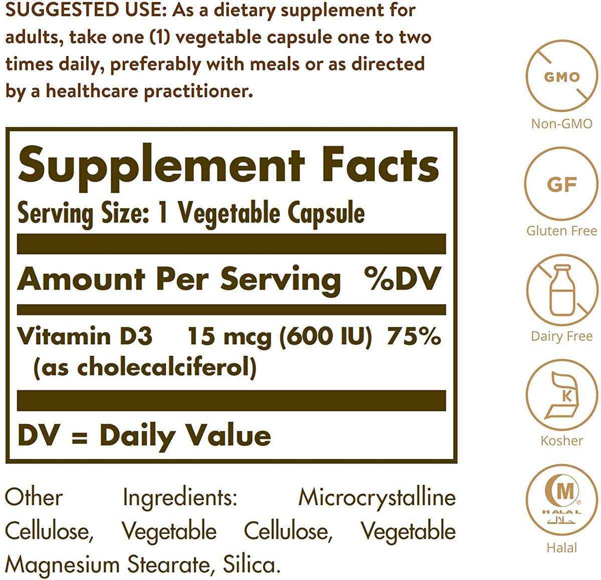 Solgar Vitamin D3 (Cholecalciferol) 15 mcg (600 IU), 120 Vegetable Capsules - Helps Maintain Healthy Bones &amp; Teeth - Immune Support - Non-GMO, Gluten Free, Dairy Free, Kosher, Halal - 120 Servings