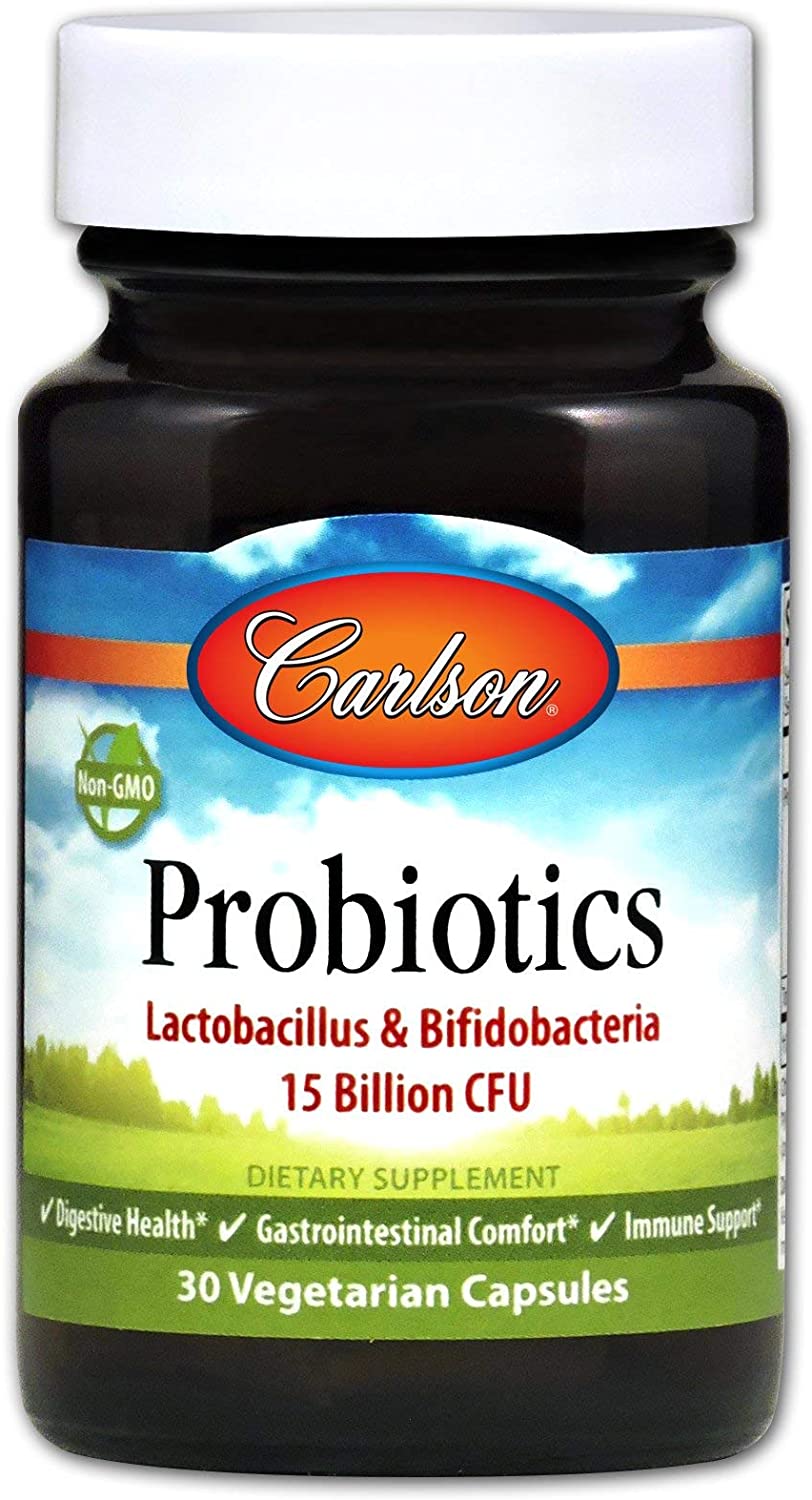 Carlson - Probiotics, 15 Billion CFU, Lactobacillus &amp; Bifidobacteria, Digestive Health, Gastrointestinal Health &amp; Immune Support, 30 Vegetarian Capsules