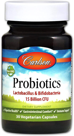 Carlson - Probiotics, 15 Billion CFU, Lactobacillus & Bifidobacteria, Digestive Health, Gastrointestinal Health & Immune Support, 30 Vegetarian Capsules