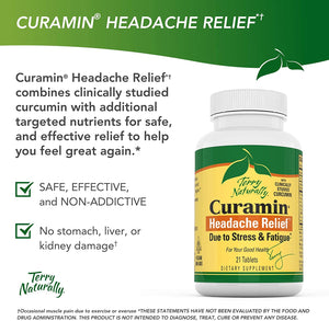 Curamin Headache Relief - 60 Vegan Tablets - Targets Headache Pain Caused by Stress & Fatigue, Contains Curcumin & Boswellia - Non-GMO, Gluten-Free, Kosher - 20 Servings