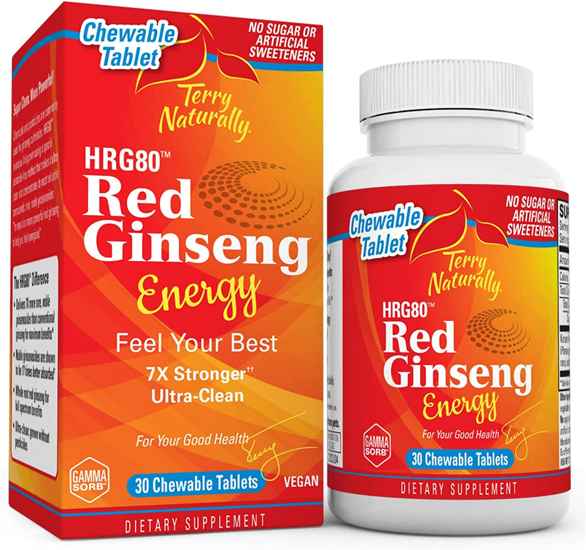 Terry Naturally HRG80 Red Ginseng Energy – 30 Easy Chew Tablets – Energy Support Supplement – Korean Red Ginseng Root Powder, Panax Ginseng, HRG80, Non-GMO, Vegan, Gluten Free – 30 Servings