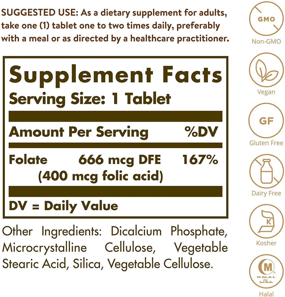 Solgar Folate 666 mcg DFE (Folic Acid 400 mcg) - 250 Tablets - Prenatal Support - Non-GMO, Vegan, Gluten Free, Dairy Free, Kosher - 250 Servings