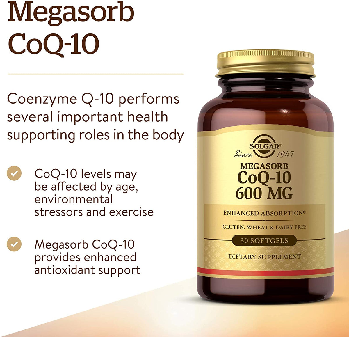 Solgar Megasorb CoQ-10 600 mg, 30 Softgels - Promotes Heart &amp; Nervous System Health - Coenzyme Q10 Supplement - Enhanced Absorption - Gluten Free, Dairy Free
