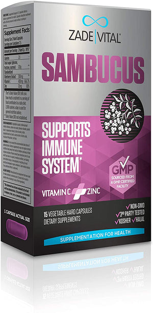 Zade Vital Sambucus Elderberry Capsule with Zinc - Vitamin C, Immune System Booster, Zinc Supplement, 15 Vegetable Hard Capsules, Non GMO, Kosher, Halal, GMP, 1-2 Weeks Supply, Immune Support