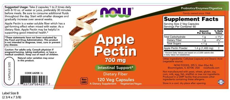 NOW Supplements, Apple Pectin 700 mg, Dietary Fiber, Intestinal Support*, 120 Veg Capsules