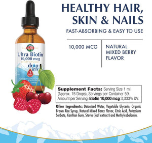 KAL Ultra Biotin DropIns 10,000 mcg Supplement | Healthy Hair Growth Formula | Skin Health and Strong Nails Support | Natural Mixed Berry Flavor | 2 ounces