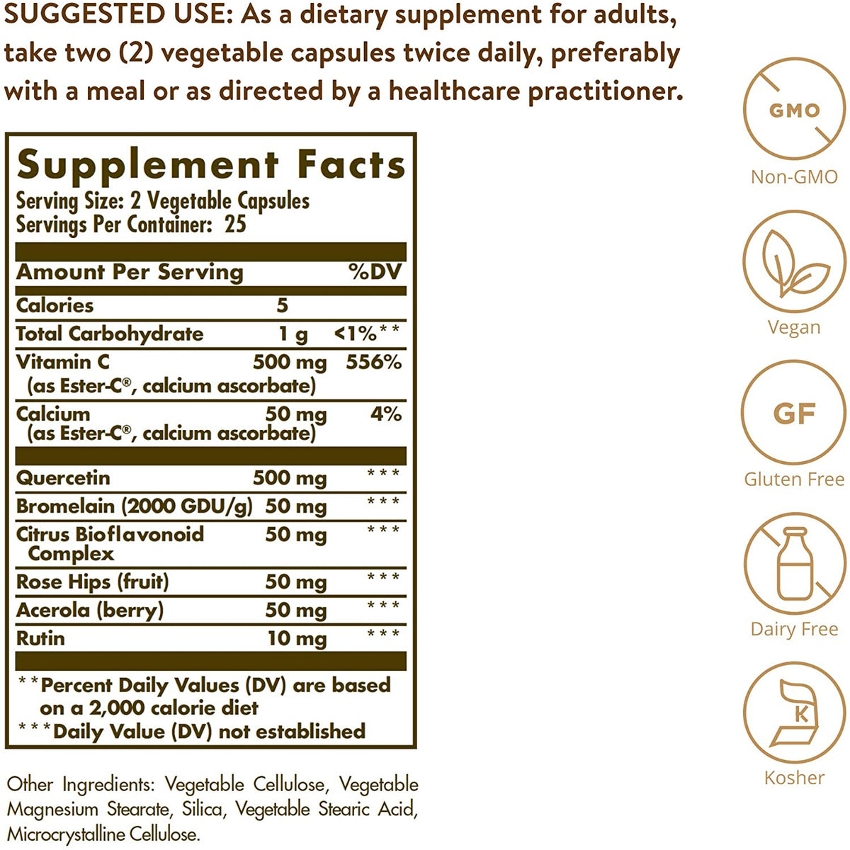 SOLGAR Quercetin Complex with Ester-C Plus - 50 Vegetable Capsules - Immune Health Support - Gentle on The Stomach Vitamin C - Non-GMO, Vegan, Gluten Free, Kosher - 25 Servings