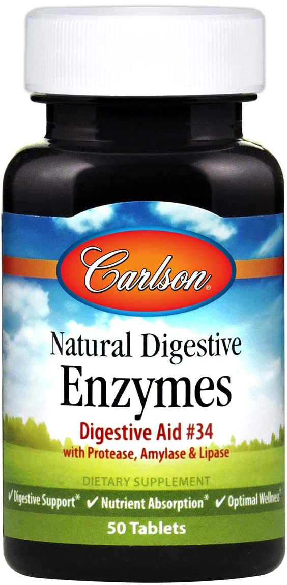 Carlson - Natural Digestive Enzymes, Digestive Aid #34 with Protease, Amylase &amp; Lipase, Digestive Support, Nutrient Absorption &amp; Optimal Wellness, 50 Tablets