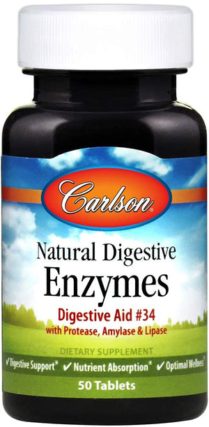 Carlson - Natural Digestive Enzymes, Digestive Aid #34 with Protease, Amylase & Lipase, Digestive Support, Nutrient Absorption & Optimal Wellness, 50 Tablets