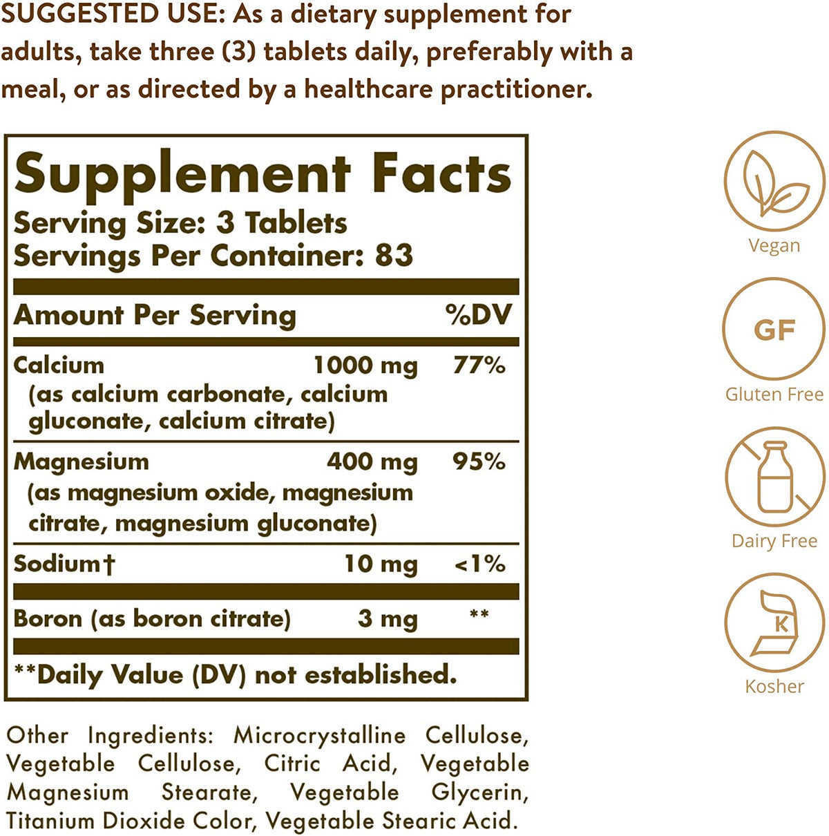 Solgar Calcium Magnesium Plus Boron - 250 Tablets - Non-GMO, Vegan, Gluten Free, Dairy Free, Kosher - 83 Servings