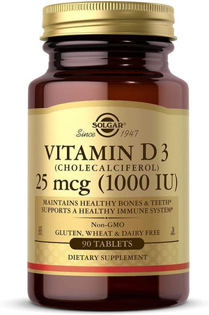 Solgar Vitamin D3 (Cholecalciferol) 25 mcg (1000 IU), 90 Tablets - Helps Maintain Healthy Bones & Teeth - Immune System Support - Non-GMO, Gluten Free, Dairy Free, Kosher - 90 Servings