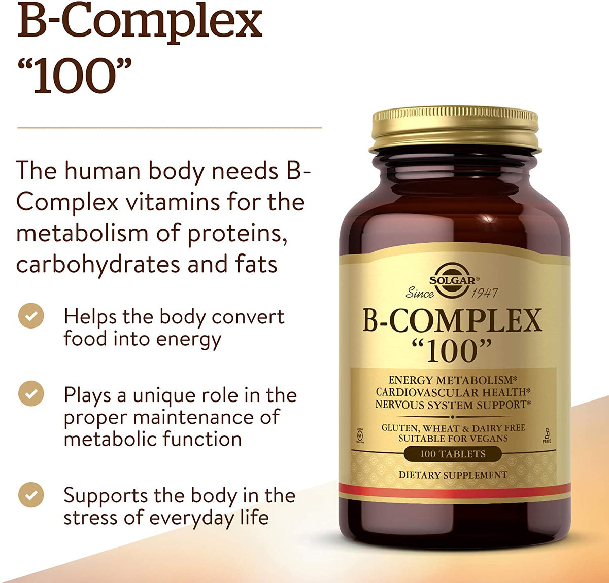 SOLGAR B-Complex 100&quot; - 100 Tablets - Energy Metabolism, Cardiovascular Health, Nervous System Support - Non-GMO, Vegan, Gluten Free - 100 Servings