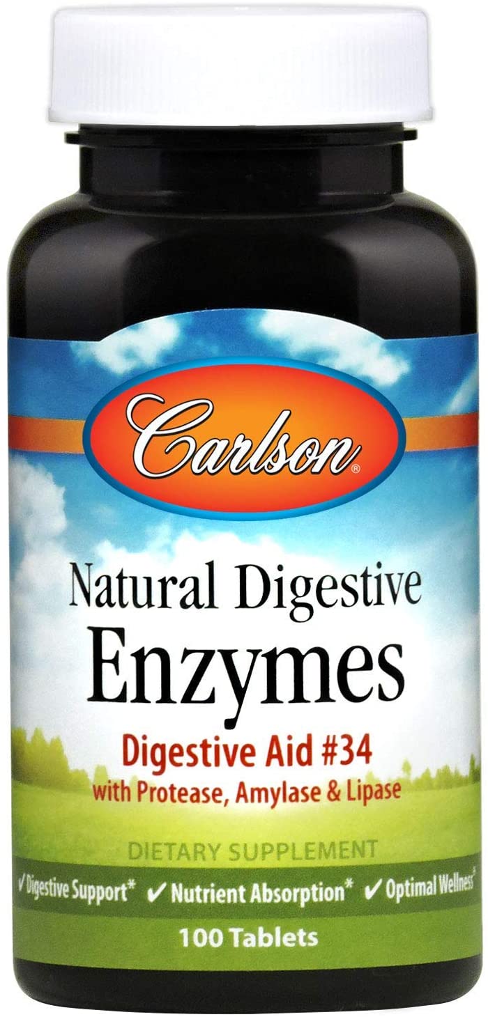 Carlson - Natural Digestive Enzymes, Digestive Aid #34 with Protease, Amylase &amp; Lipase, Digestive Support, Nutrient Absorption &amp; Optimal Wellness, 100 Tablets