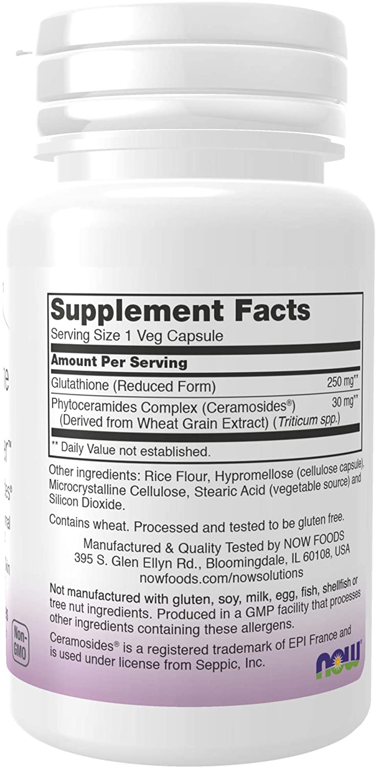 NOW Foods Solutions, Glutathione Skin Brightener with Ceramosides®, Moisturizing and Illuminating, 30 Veg Capsules