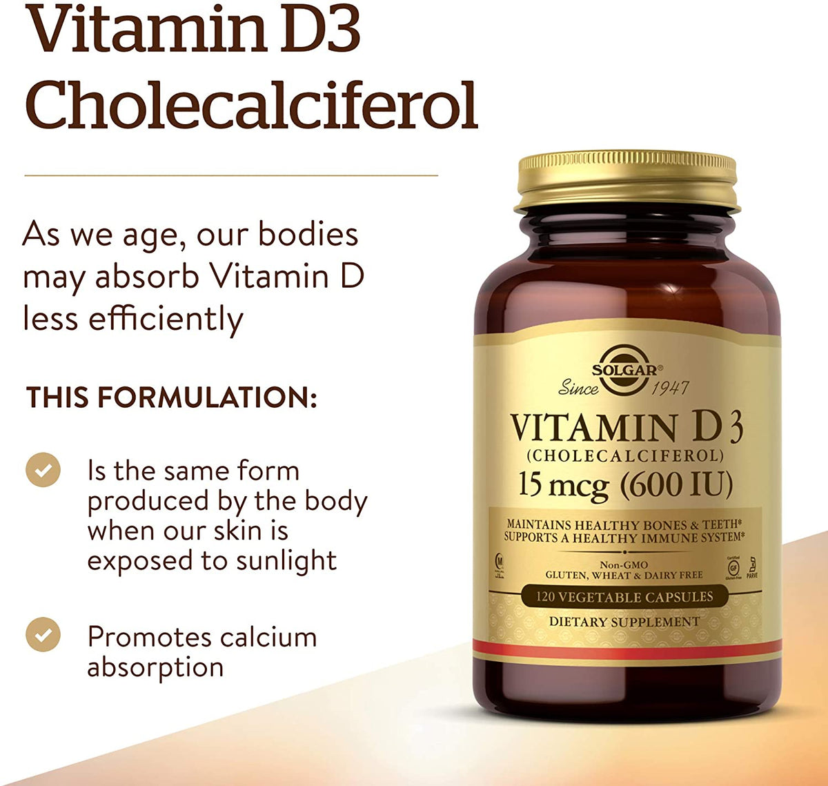 Solgar Vitamin D3 (Cholecalciferol) 15 mcg (600 IU), 120 Vegetable Capsules - Helps Maintain Healthy Bones &amp; Teeth - Immune Support - Non-GMO, Gluten Free, Dairy Free, Kosher, Halal - 120 Servings