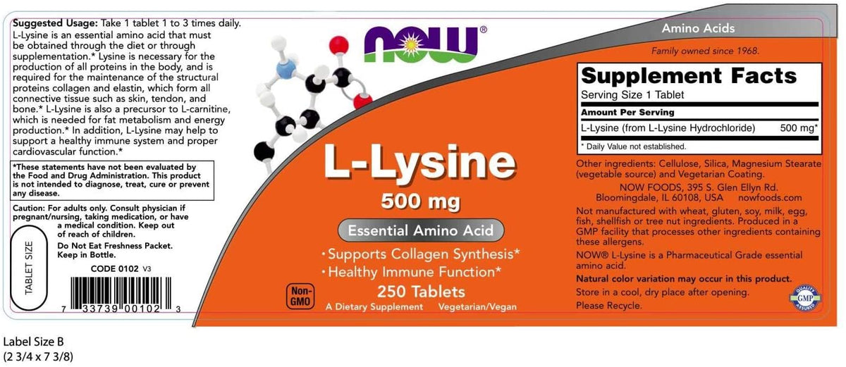 NOW Supplements, L-Lysine (L-Lysine Hydrochloride) 500 mg, Amino Acid, 250 Tablets