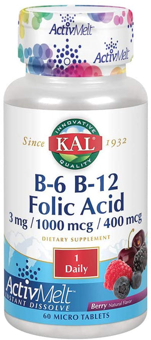 KAL B-6 B-12 Folic Acid Dietary Supplement Berry, 60 MicroLingual Tablets